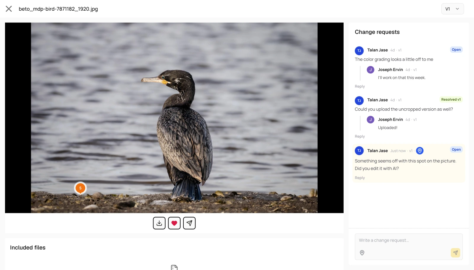 A photo open in a client portal with a change request pinned to a spot on the image, alongside a thread of open and resolved requests.