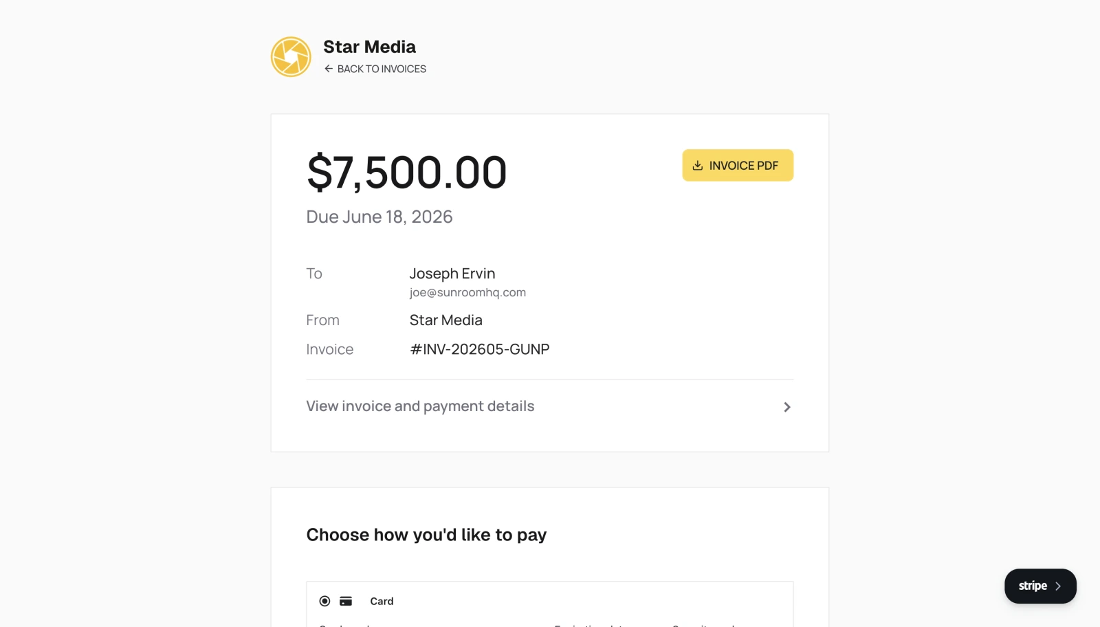 A Sunroom invoice payment page showing an amount due, a download link for the invoice PDF, and payment options.